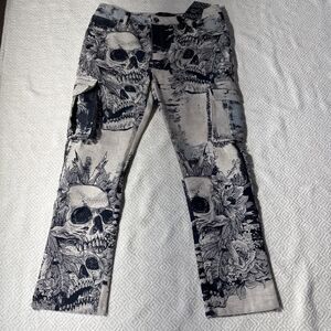 NWT Rebel Vengeance Tapestry Cargo Jeans Mens Skull Skeleton Goth Streetwear Y2K